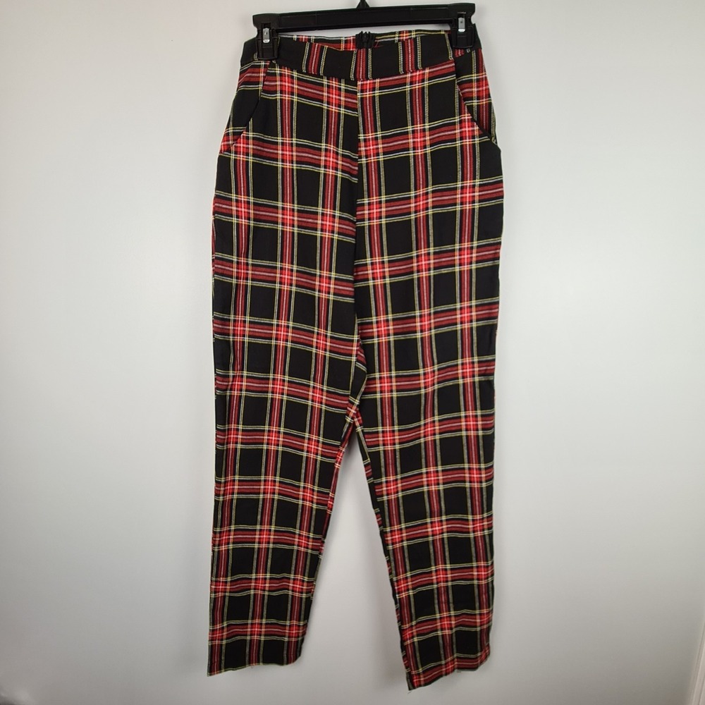 Romwe Women's Pants Small US‎ 4 Red Black Plaid Trousers Zip Back Tapered Leg